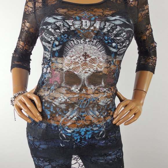 HARLEY DAVIDSON Top M Long Black Lace Tunic Shirt Skull Logo Sheer 3/4 Sleeves - Picture 4 of 14